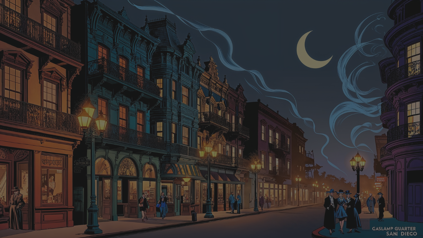 Comic-style illustration of the Gaslamp Quarter in San Diego at dusk